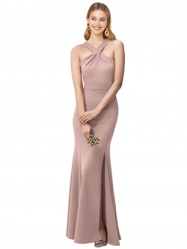 Shop Long Floor Length High Neck Fit and Flare Stretch Crepe Bridesmaid Dress / Prom Dress with Side Slit