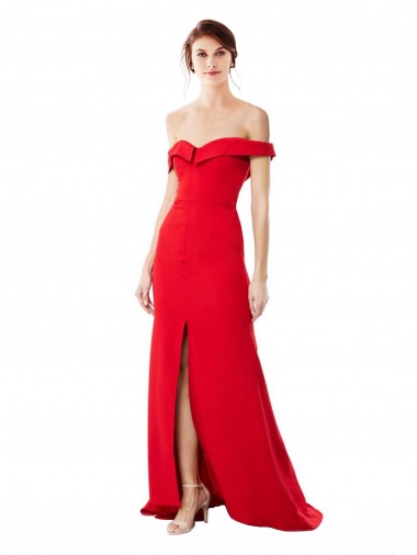 Shop Off the Shoulder Chapel Train Formal Crepe Bridesmaid Dress / Prom Dress with Thigh-High slit