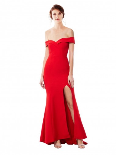 Shop Off the Shoulder Sweetheart Maxi Formal Crepe Bridesmaid Dress / Prom Dress With Thigh Split and Train