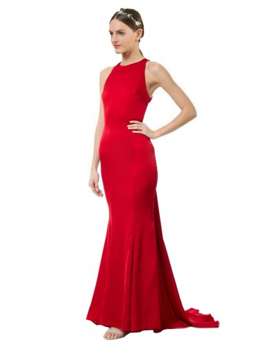 Shop High Neck Mermaid Open Back Formal Crepe Maxi Bridesmaid Dress / Prom Dress with Train Detail