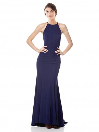 Shop High Neck Fishtail Formal Crepe Bridesmaid Dress / Prom Dress with Open Back Detail