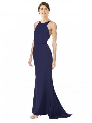 Shop Fishtail High Neck Maxi Formal Crepe Bridesmiad Dress with Strappy Back Detail