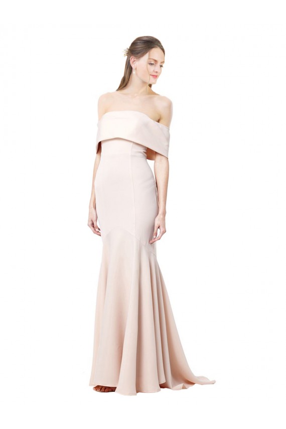 Shop Mermaid Bardot Maxi Formal Crepe Bridesmiad Dress with Fishtail Train