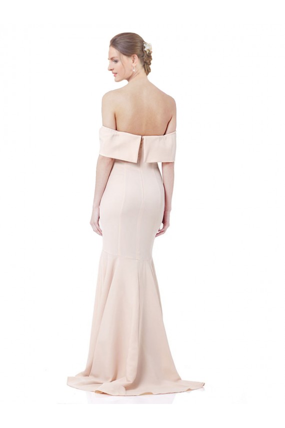 Shop Mermaid Bardot Maxi Formal Crepe Bridesmiad Dress with Fishtail Train