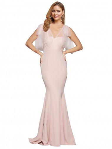 Shop Double Bow Full Length Sweetheart Formal Crepe Bridesmaid Dress / Prom Dress with Tulle Overlay