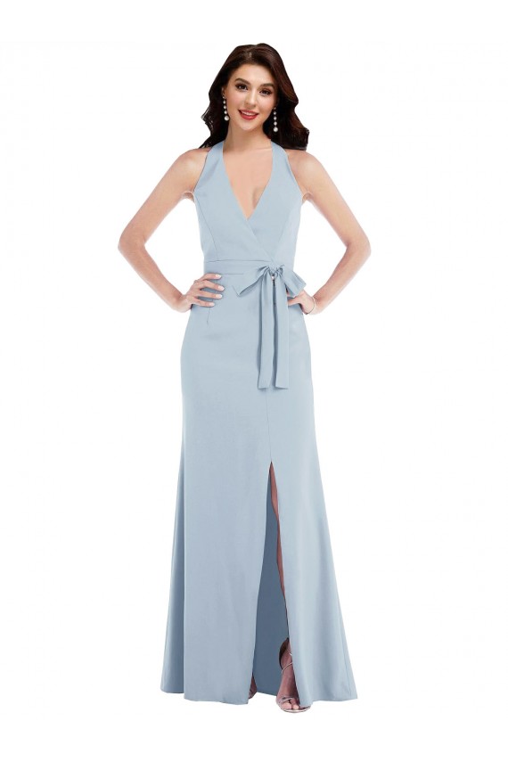 Shop Open Back Halter Maxi Formal Crepe Bridesmaid Dress / Prom Dress with Draped Bow