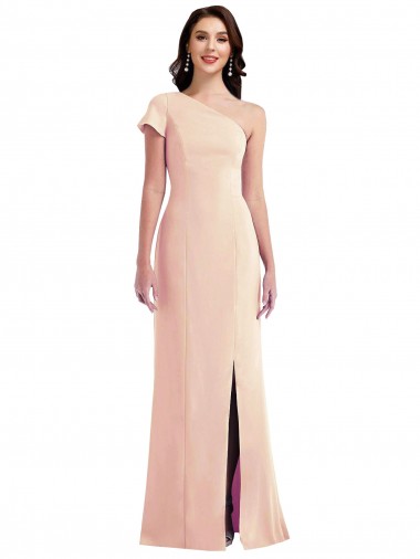 Shop One Shoulder Cap Sleeves Trumpet Formal Crepe Bridesmaid Dress / Prom Dress with Front Slit