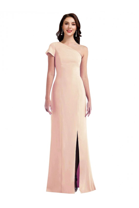 Shop One Shoulder Cap Sleeves Trumpet Formal Crepe Bridesmaid Dress / Prom Dress with Front Slit