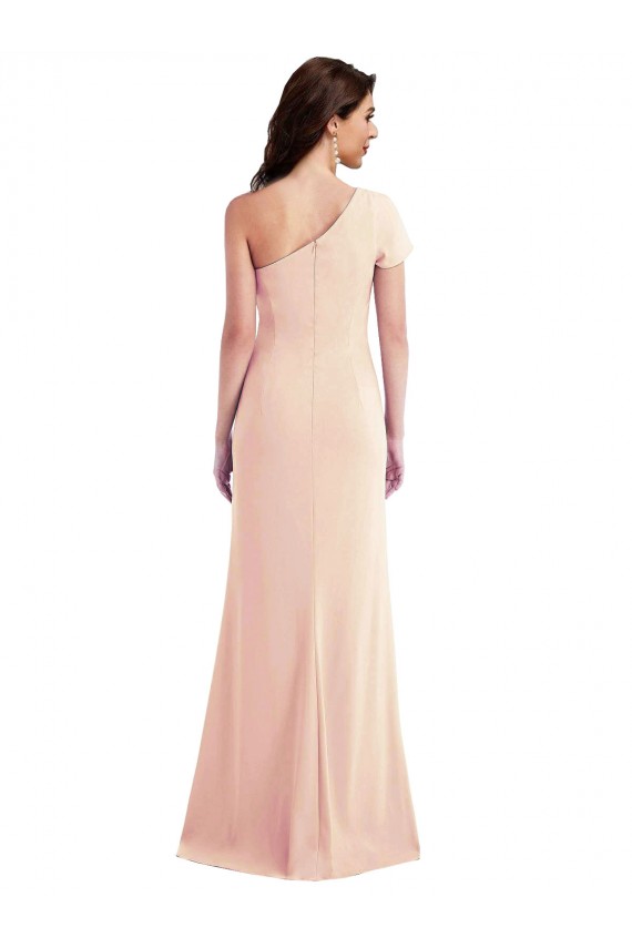 Shop One Shoulder Cap Sleeves Trumpet Formal Crepe Bridesmaid Dress / Prom Dress with Front Slit