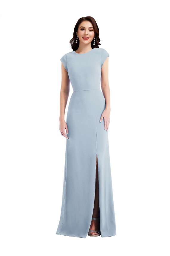 Shop Cap Sleeve Open Back Trumpet Formal Crepe Bridesmaid Dress / Prom Dress with Front Slit