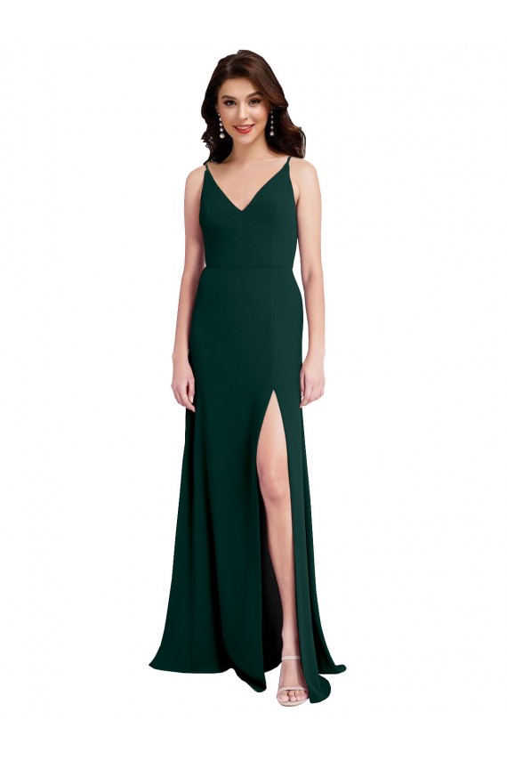 Shop Slim A-Line V-Neck Full Length Formal Crepe Bridesmaid Dress / Prom Dress with Side Slit