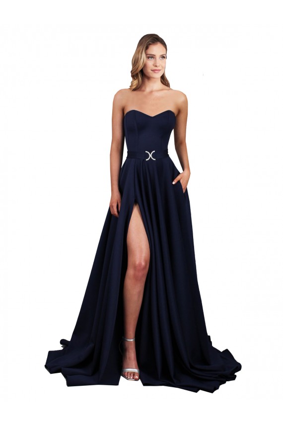 Shop Sweetheart Neckline Low Back Long Formal Crepe Bridesmaid Dress / Prom Dress with Pockets & High Leg Spit