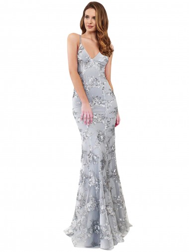 Shop Silver V-Neckline Backless Floral Patterned Sequin Formal Bridesmaid Dress / Prom Dress