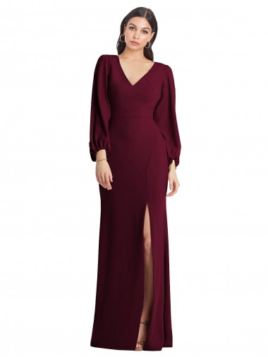 Shop Long Puff Sleeve V-Neck Trumpet Bridesmaid Maxi Dress