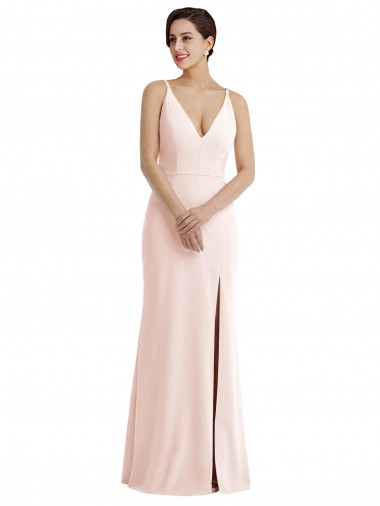 Shop Skinny Strap Deep V-Neck Trumpet Formal Crepe Bridesmaid Dress / Prom Dress with Front Slit