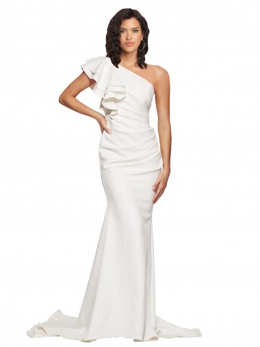 Shop Ruched Long Sweep Train Crepe Bridesmaid Dress / Prom Dress with Shoulder Ruffles