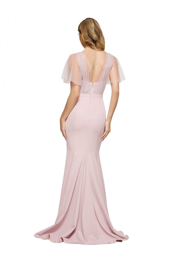 Shop Crepe Long Sweetheart Neckline Formal Bridesmaid Dress / Prom Dress with Tulle Overlay Shoulders