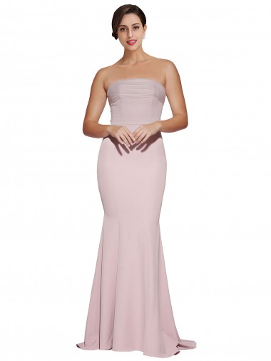 Shop Straight Neck Long Strapless Formal Crepe Bridesmaid Dress / Prom Dress with Soft Tulle Overlay and Small Train