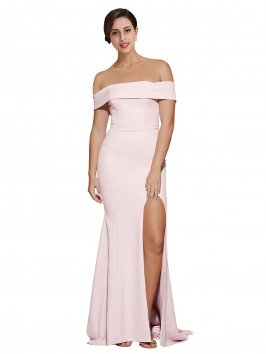 Shop Off Shoulder Long Formal Crepe Bridesmaid Dress / Prom Dress with Straight Neckline and Side Split