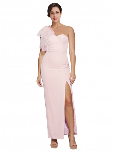 Shop One Shoulder Tulle Overlay Sweetheart Neckline Long Formal Crepe Bridesmaid Drss with Thigh Split