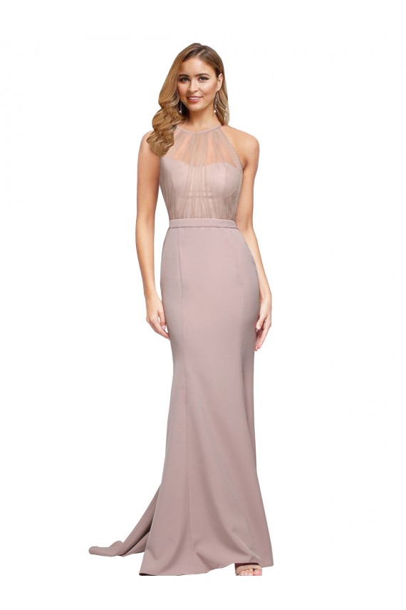 Shop Long Sweetheart Formal Crepe Bridesmaid Dress / Prom Dress with High Neck Illusion Tulle Details