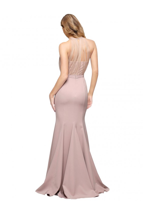 Shop Long Sweetheart Formal Crepe Bridesmaid Dress / Prom Dress with High Neck Illusion Tulle Details