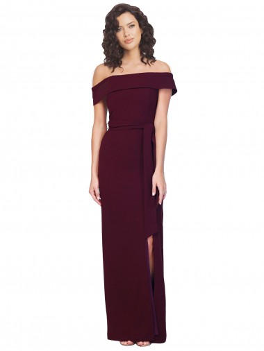 Shop Fitted Full Length Off the Shoulder Formal Crepe Bridesmaid Dress / Prom Dress with Side Split and Waist Tie