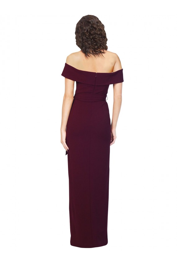 Shop Fitted Full Length Off the Shoulder Formal Crepe Bridesmaid Dress / Prom Dress with Side Split and Waist Tie