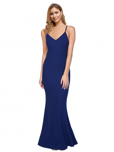 Shop Full Length V-Neckline Formal Crepe Bridesmaid Dress / Prom Dress with Thin Straps and Fulted Skirt