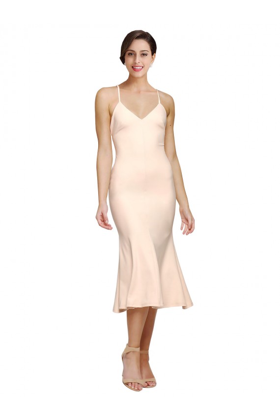 Shop Midi Cocktail Length V-Neckline Crepe Bridesmaid Dress / Prom Dress with Thin Straps and Fulted Skirt