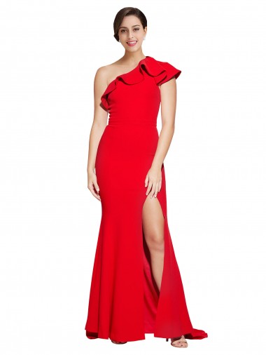 Shop One Shoulder Long Sweep Train Crepe Bridesmaid Dress / Prom Dress with Thigh High Split