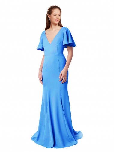 Shop Short Sleeves Long V-Neck Crepe Bridesmaid Dress / Prom Dress with V-Back