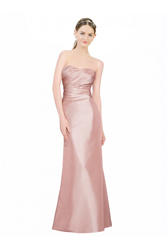 Shop Long Strapless Formal Stretch Satin Bridesmaid Dress / Prom Dress with Pleats and Low Back