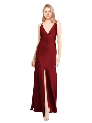 Shop Floor Length Deep V-Back Formal Stretch Satin Bridesmaid Dress / Prom Dress with Front Slit