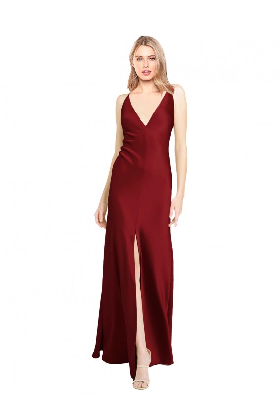 Shop Floor Length Deep V-Back Formal Stretch Satin Bridesmaid Dress / Prom Dress with Front Slit