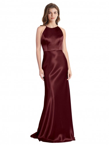 Shop High Neck Halter Long Sleeveless Formal Stretch Satin Bridesmaid Dress / Prom Dress with Strappy Back