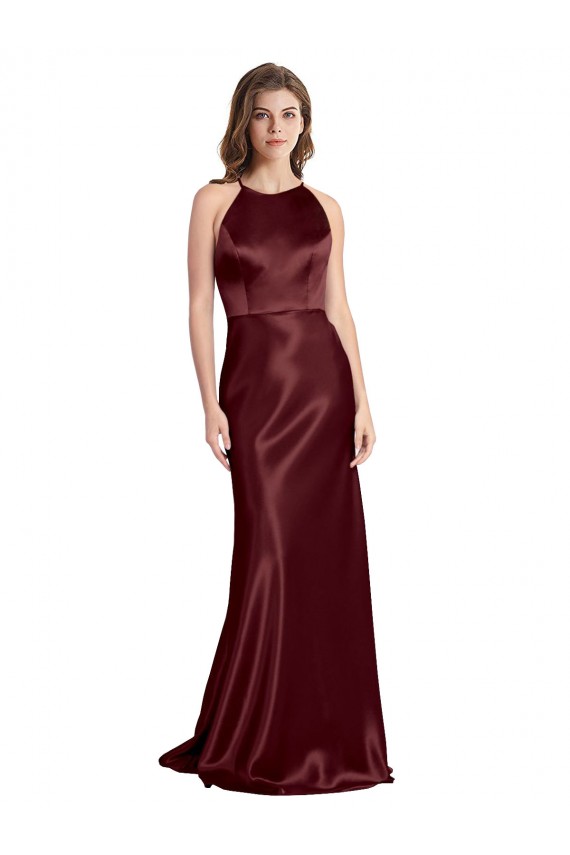 Shop High Neck Halter Long Sleeveless Formal Stretch Satin Bridesmaid Dress / Prom Dress with Strappy Back