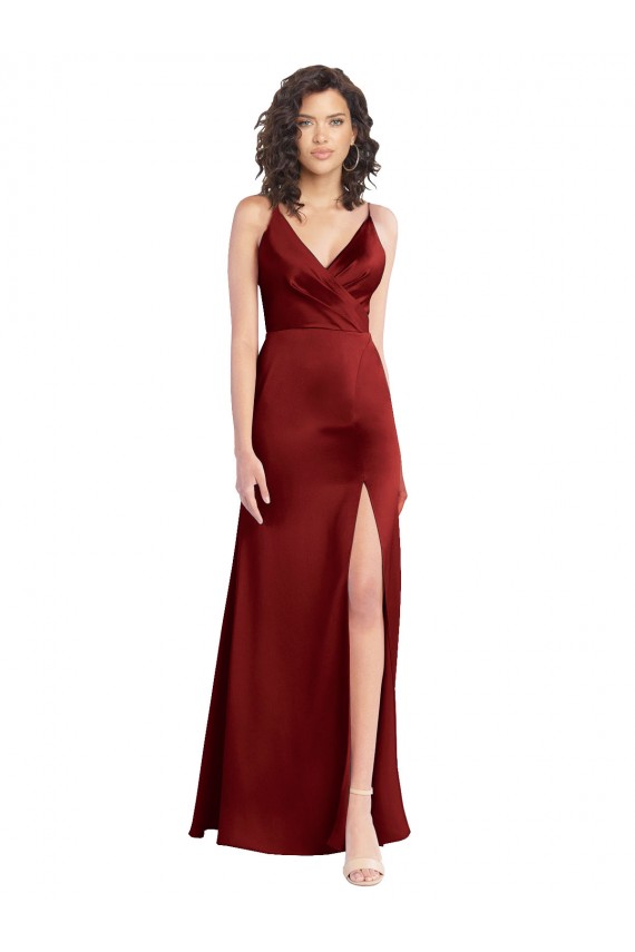 Shop Faux Surplice Neckline Long Slim A-Line Formal Stretch Satin Bridesmaid Dress / Prom Dress