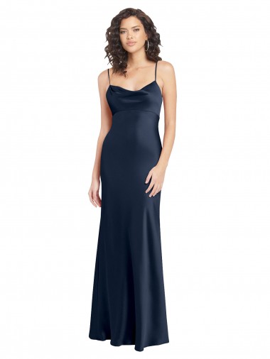 Shop Cowl Neck Long Empire Waist Formal Stretch Satin Bridesmaid Dress with Open Back