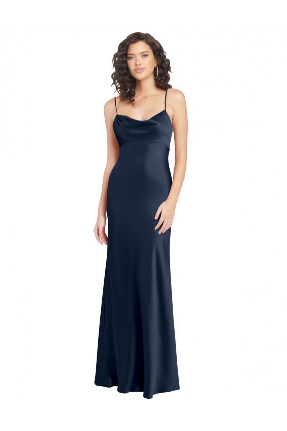 Shop Cowl Neck Long Empire Waist Formal Stretch Satin Bridesmaid Dress with Open Back