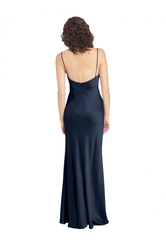 Shop Cowl Neck Long Empire Waist Formal Stretch Satin Bridesmaid Dress with Open Back