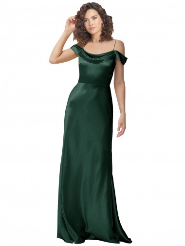 Shop Off the Shoulder Sleeves Long Formal Stretch Satin Bridesmaid Dress / Prom Dress with Pleated Draped Neckline