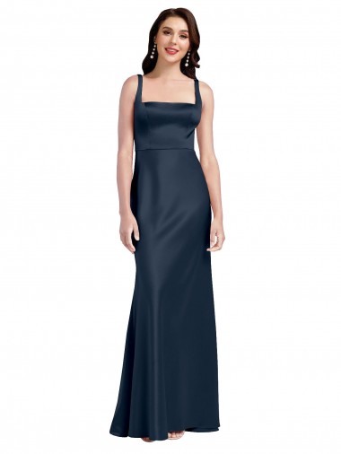 Shop Square Neck A-Line Long Formal Stretch Satin Bridesmaid Dress / Prom Dress with Wide Straps