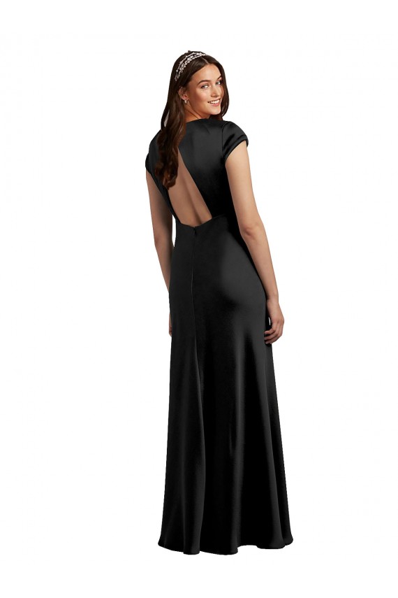 Shop Plunging V-Neck Cap Cleeves Long Formal Stretch Satin Bridesmaid Dress / Prom Dress with Keyhole Back