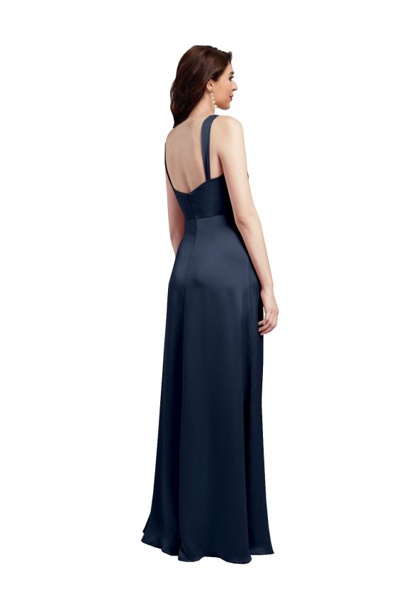 Shop Cowl Neck Soft Long Formal Stretch Satin Bridesmaid Dress / Prom Dress with Side Slit and Pleated Straps