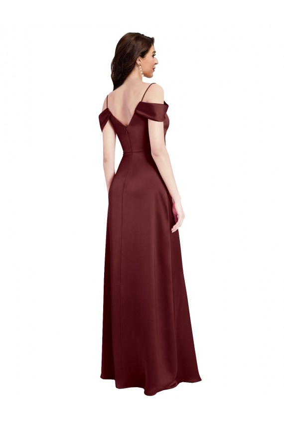 Shop Draped Off the Shoulder Sleeves Slim A-Line Formal Stretch Satin Bridesmaid Dress / Prom Dress with Side Slit