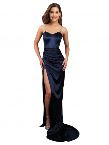 Shop Pleated Sash Skirt Long Formal Stretch Satin Bridesmaid Dress / Prom Dress with High Slit