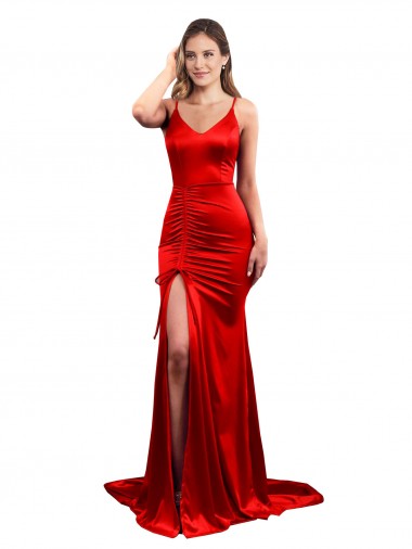 Shop Long Pleated Formal Stretch Satin Bridesmaid Dress / Prom Dress with High Slit