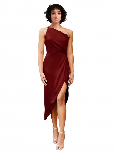 Shop One Shoulder Cocktail Midi Length Short Formal Stretch Satin Wrap Style Bridesmaid Dress / Prom Dress