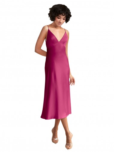 Shop Midi Length V-Neck Short Formal Stretch Satin Bridesmaid Dress / Cocktail Prom Dress with Low Scoop Back